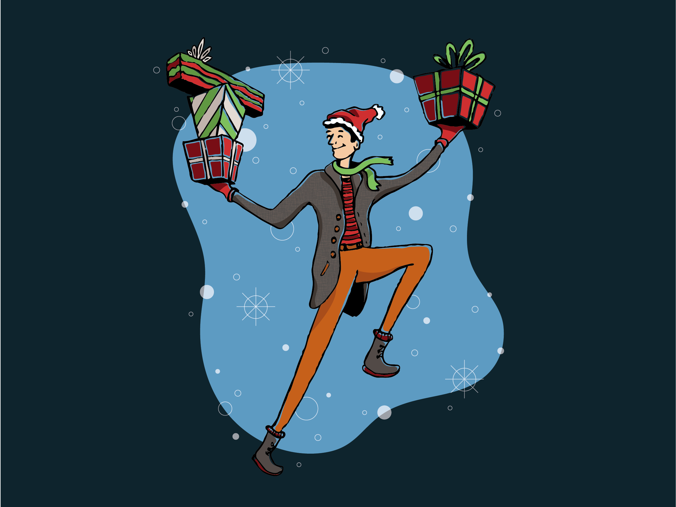 Happy man dancing with Christmas gifts