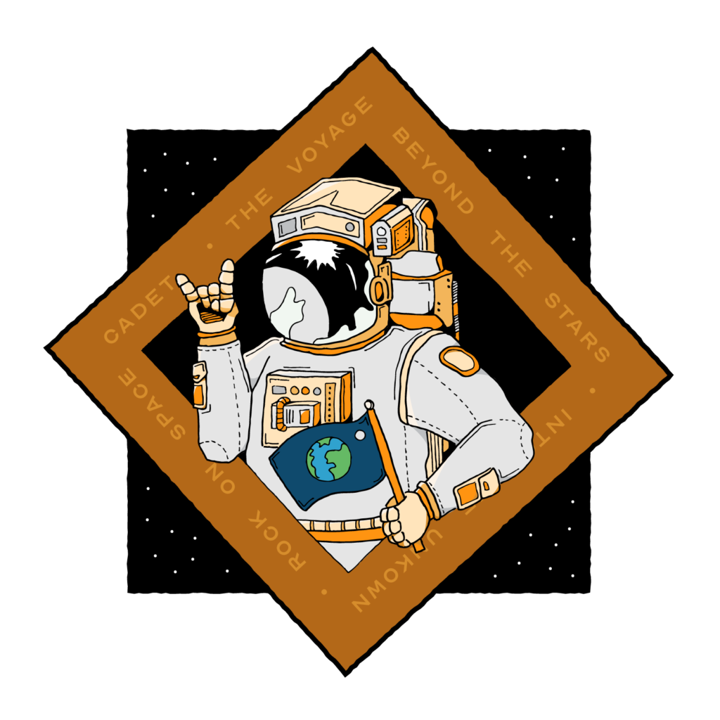 An illustrated astronaut holding a flag of earth and giving the "rock on" hand sign