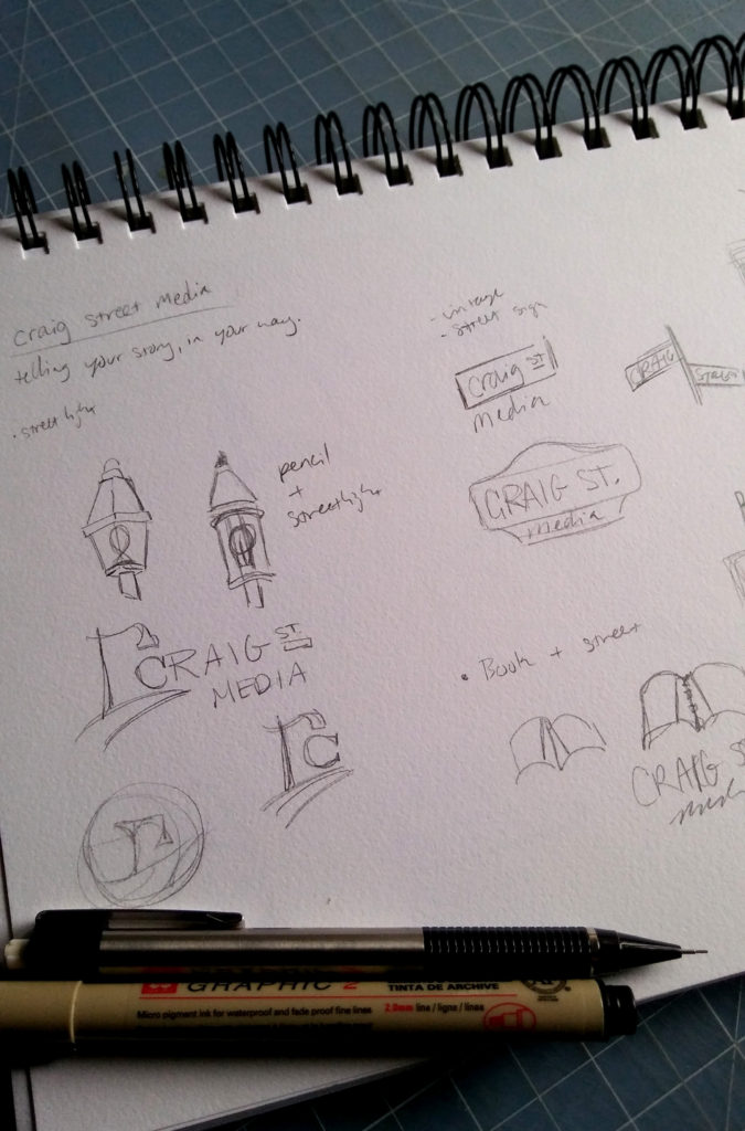 Sketchbook of logo concepts for media agency