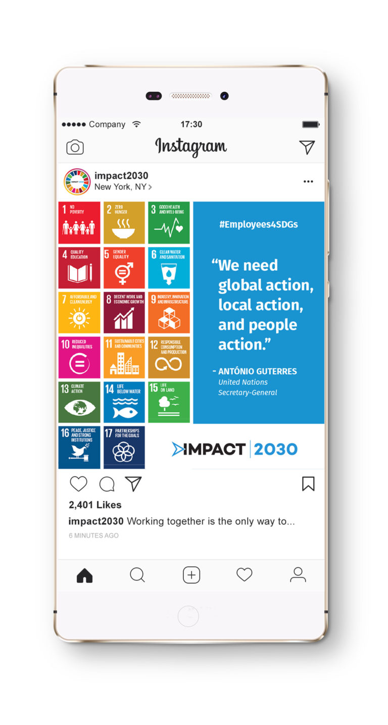 An Instagram feed with a branded social media post for Impact 2030